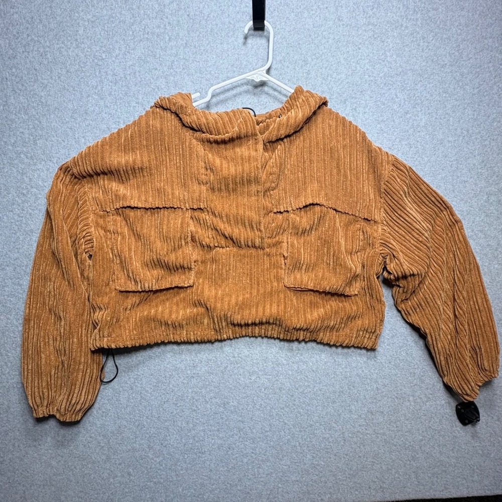 FP Movement Free People Corduroy Cropped Hoodie Brown Snap Front Pullover XS